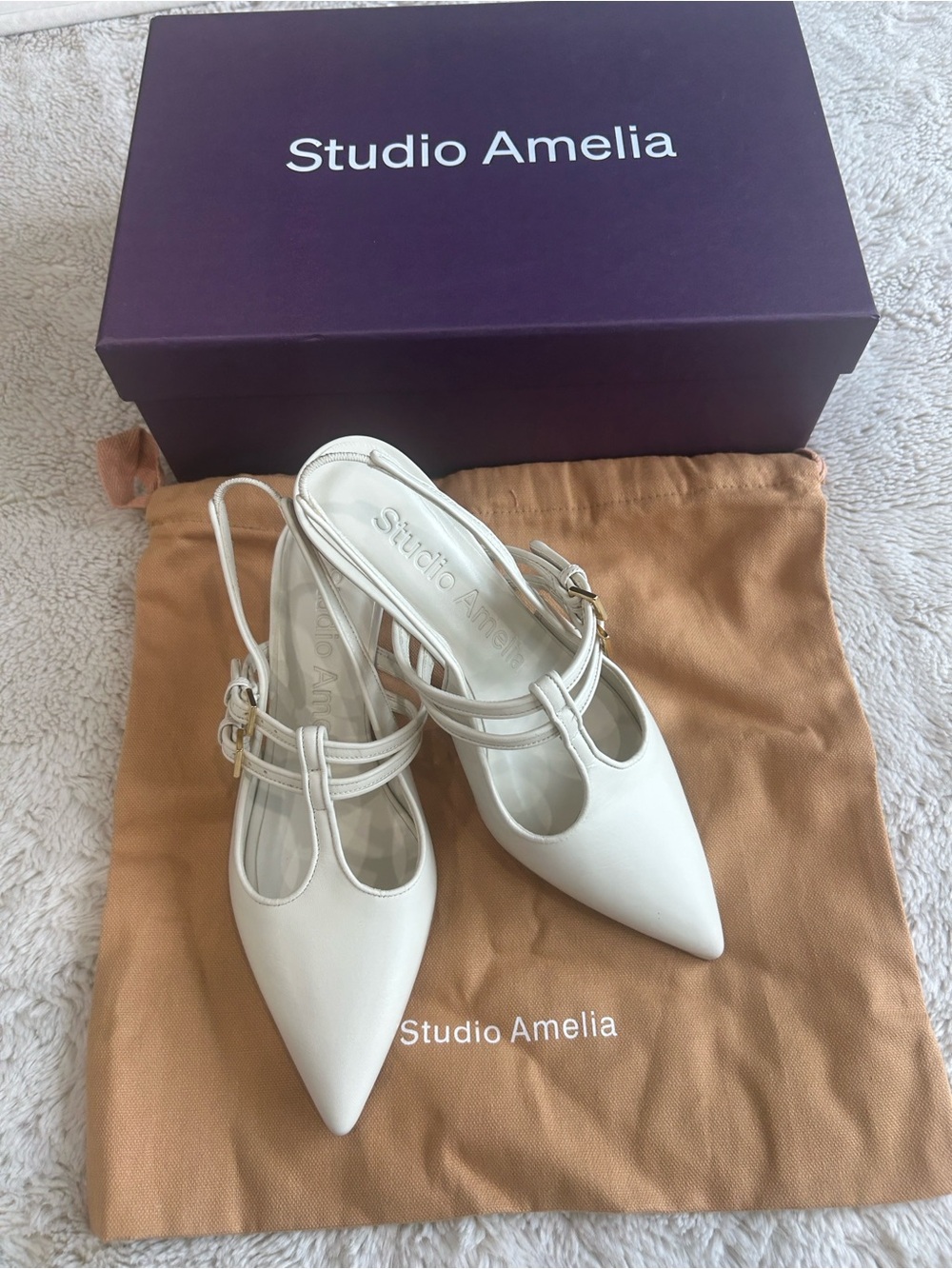 STUDIO AMELIA White Pointed T‑Strap Slingback Heels